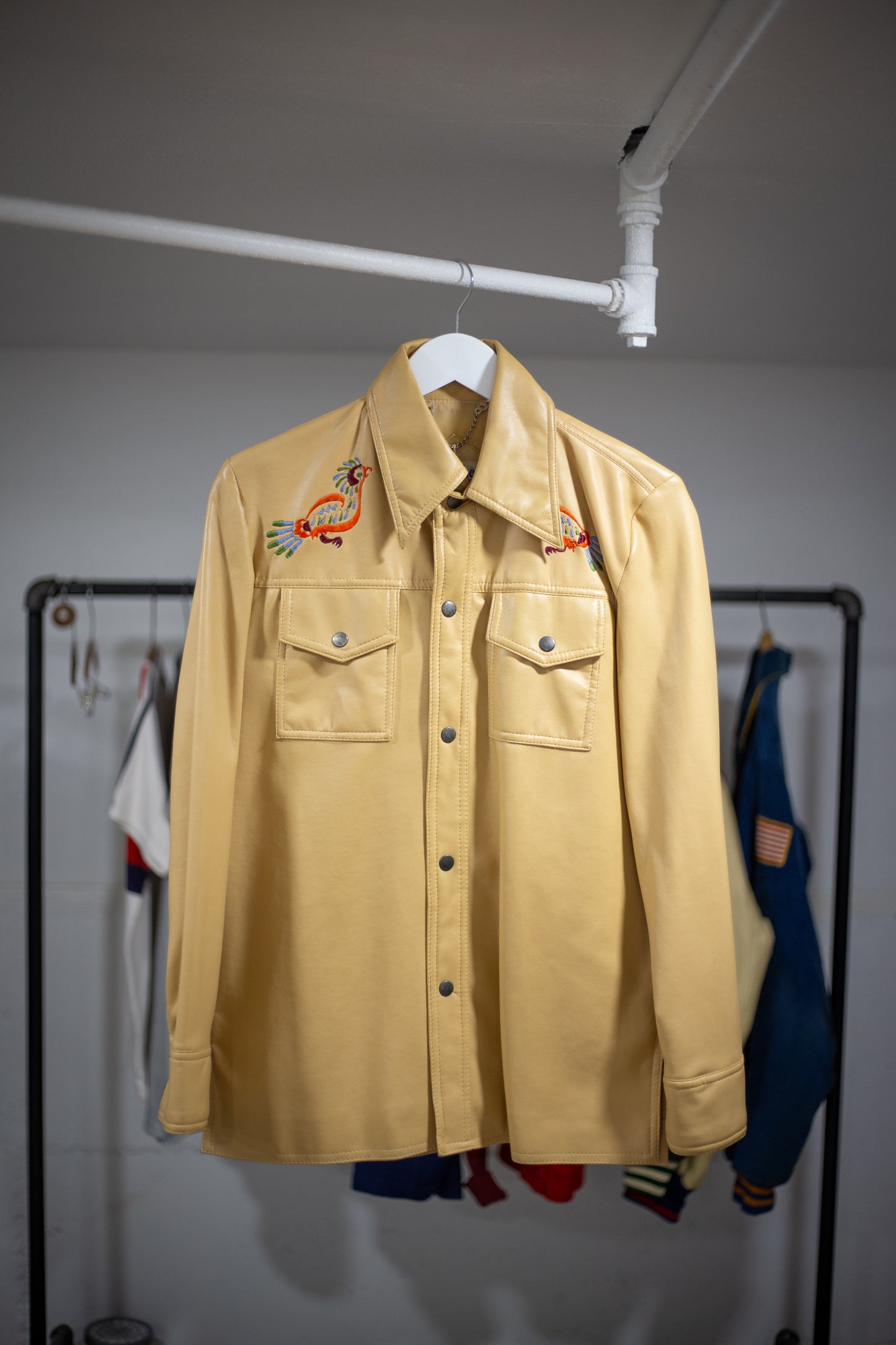 70's Man-Lee Poly Vinyl Snap Button Shirt | Medium