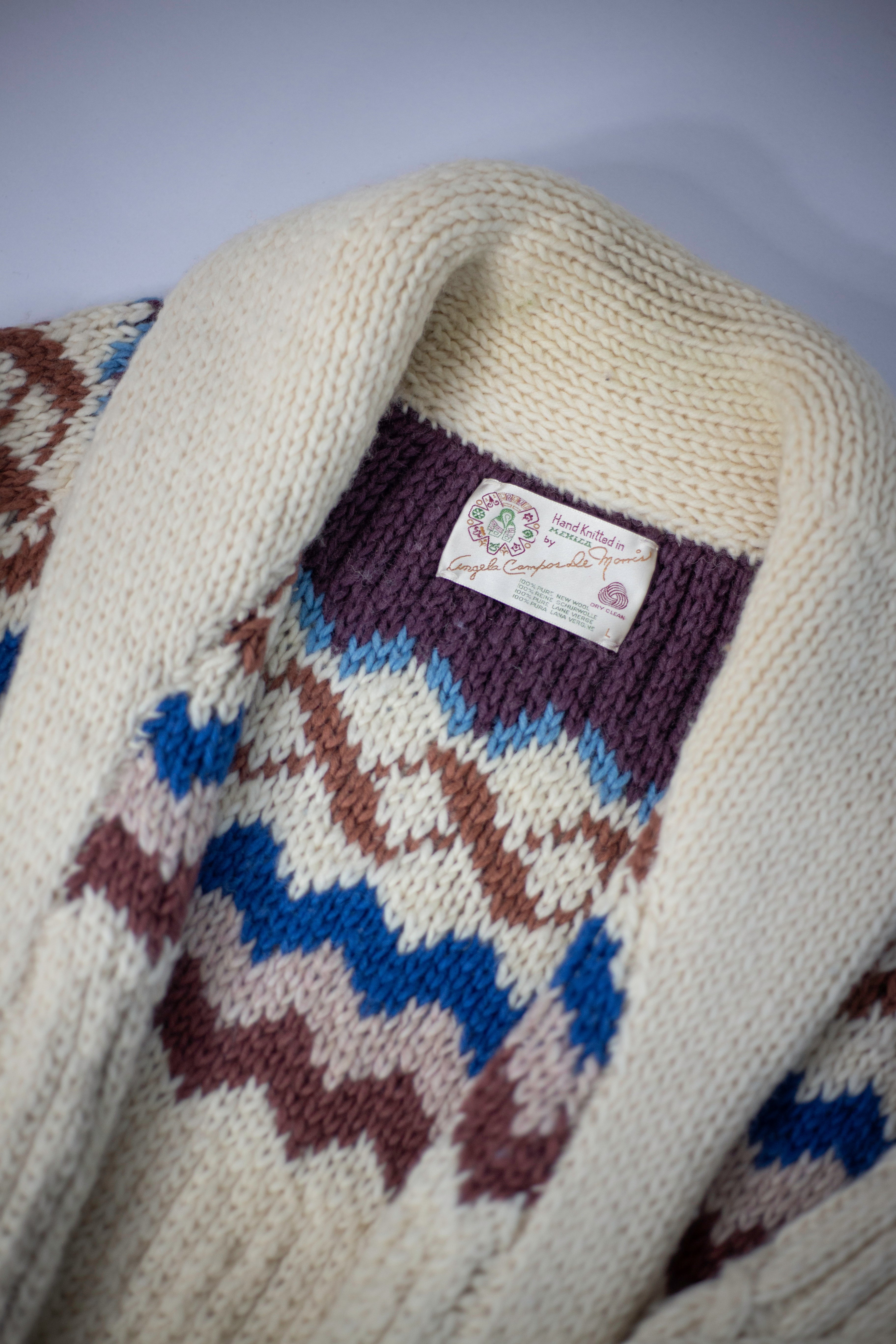 70's Angela Campos De Morris Hand Knitted Cowichan Cardigan | Large